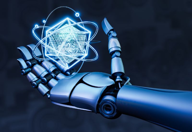 A robotic hand interacting with floating icons representing agentic AI workflow activities.